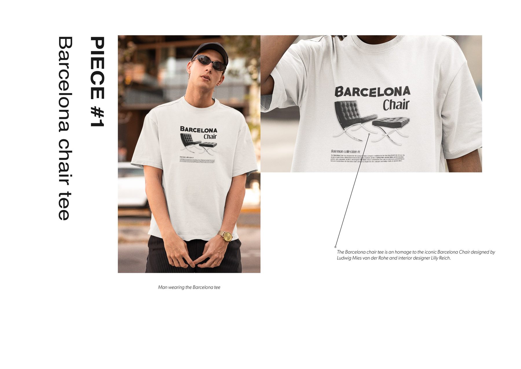 Lookbook page: man wearing the Barcelona chair tee, with a detail of the print