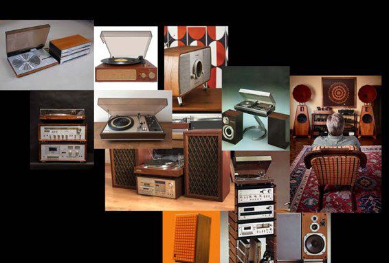 Moodboard of warm wooden hi-fi equipment, turntables and speakers
