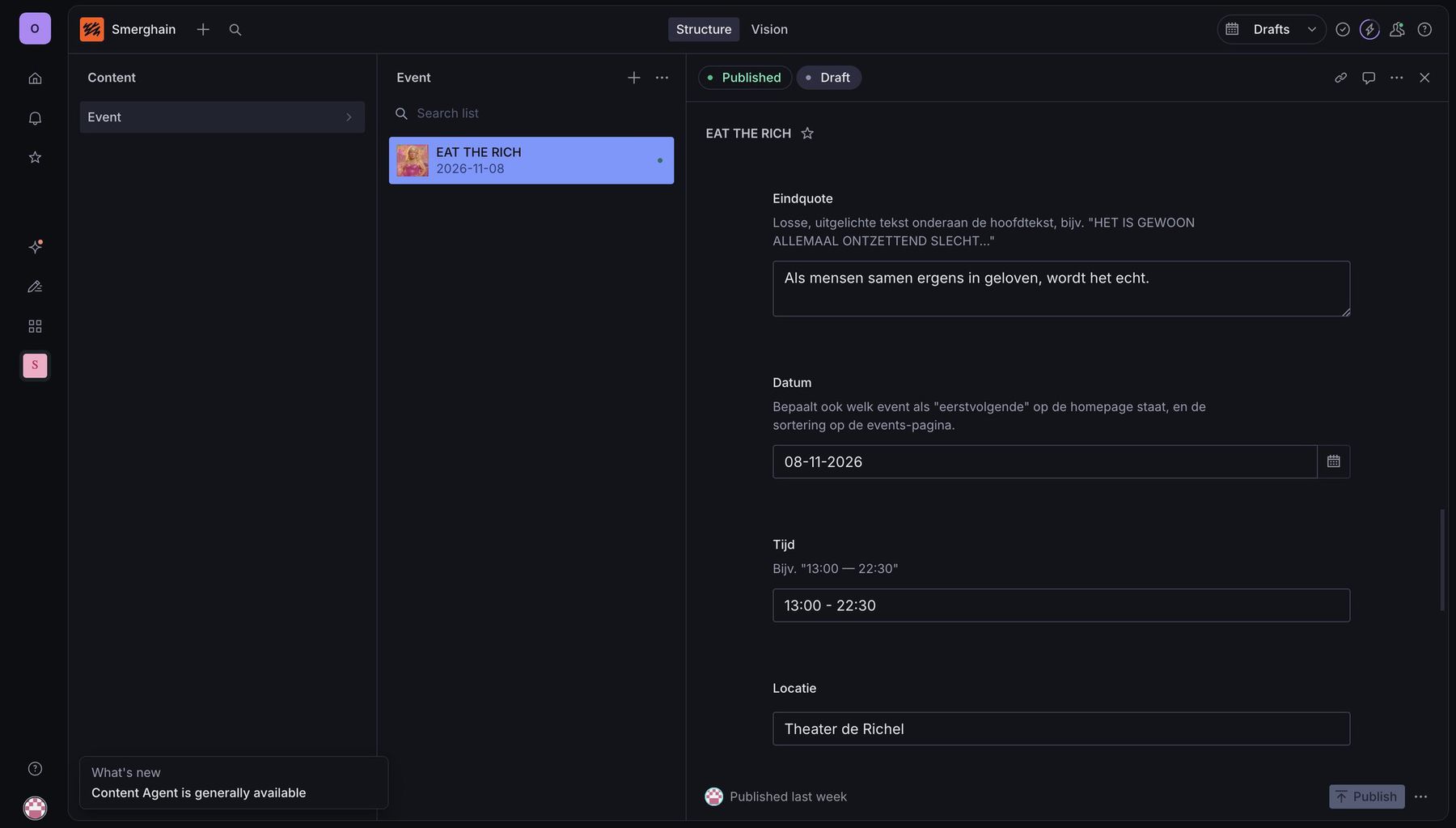 The event input form in Sanity Studio