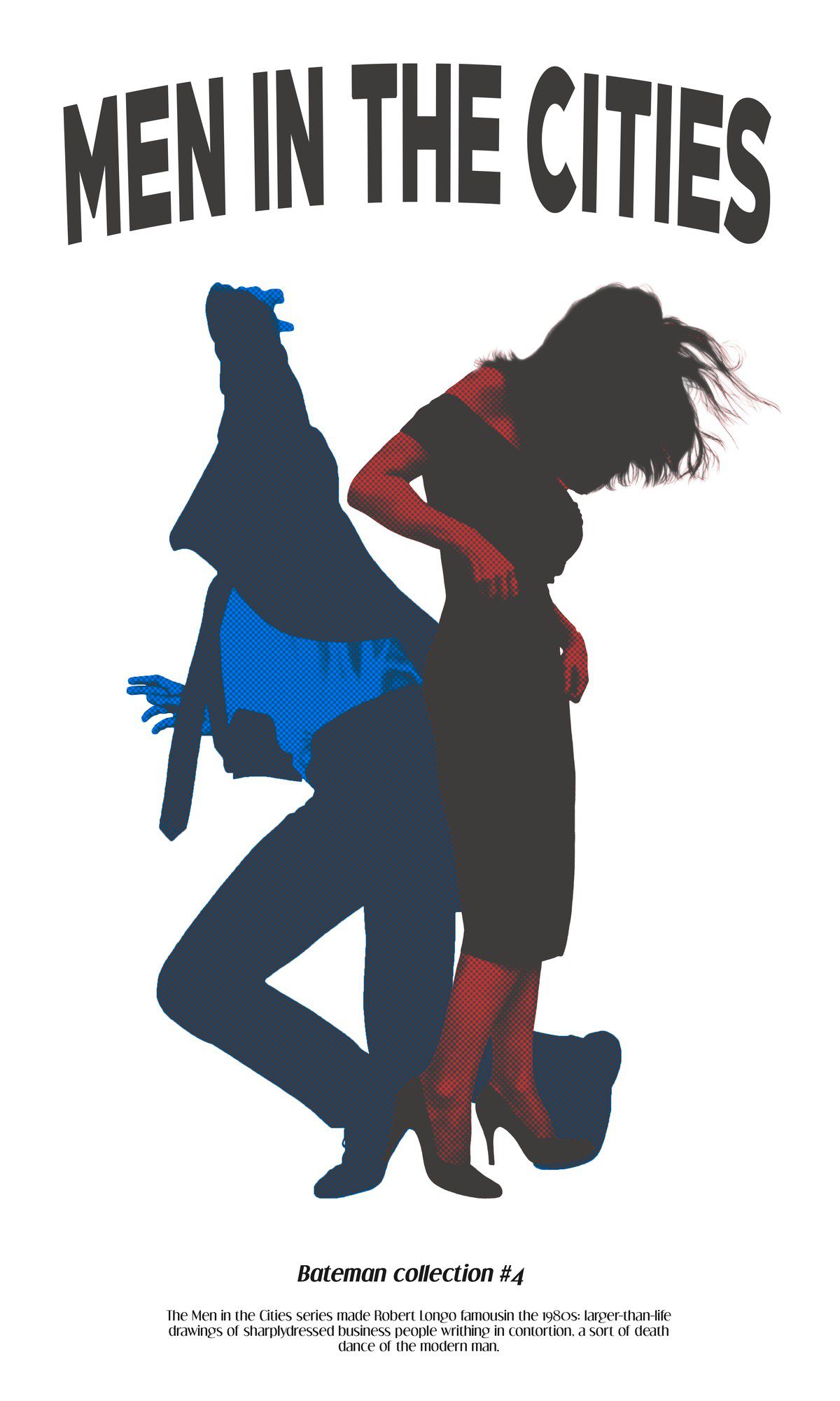 Men in the Cities tee design: blue and red halftone silhouettes with arched title